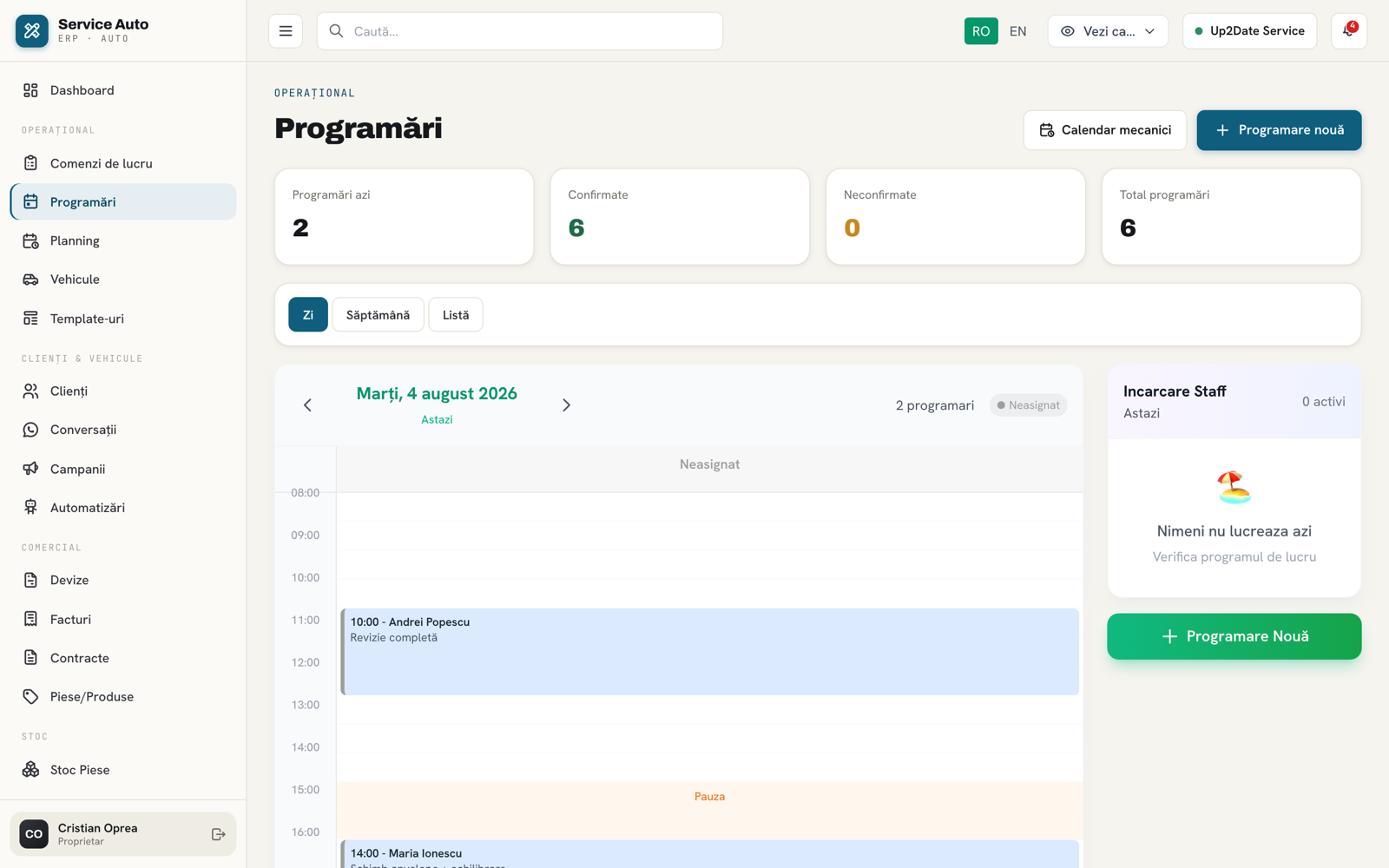 Calendar de programări în Service Auto ERP pe zi, cu programările service-ului